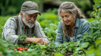 Fototapeta premium Elderly couple tending to a vibrant vegetable garden during a sunny afternoon in early summer. Generative AI