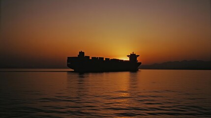 Fototapeta premium Silhouette of a cargo ship at sunset on the ocean.