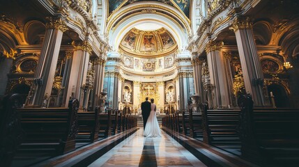 A couple is walking down a long aisle in a church