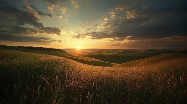 A panoramic view of a field at sunset with rolling hills and a cloudy sky.