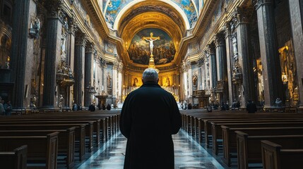 A man stands in a large church with many pews