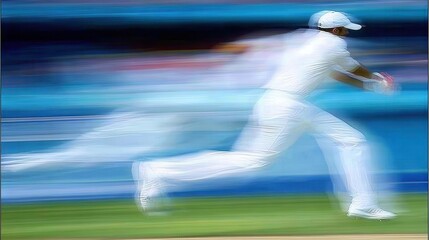 Blurred motion of cricketer bowling.