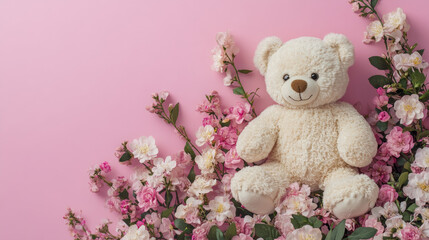  "Welcome Little One: Adorable Baby Girl Announcement with Flowers and Teddy Bear"