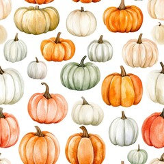 A pattern of various pumpkins in different colors and sizes on a white background.
