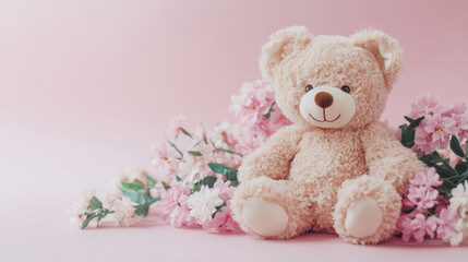  "Welcome Little One: Adorable Baby Girl Announcement with Flowers and Teddy Bear"