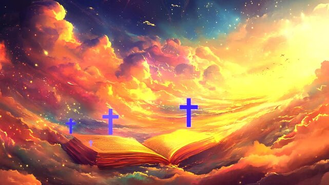 33 seconds of computer generated crosses flying up with AI generated heavenly bible hd video animation motion graphics screensaver visualizer 