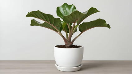 Potted rubber plant with glossy leaves in a neutral pot isolated on white