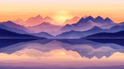 Obraz premium A picturesque mountain range reflected in a tranquil lake, bathed in the warm glow of a setting sun.