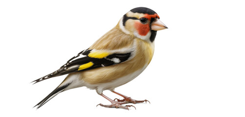 Fototapeta premium goldfinch in studio, isolated on clear black background with detailed feathers and beak for editorial and commercial wildlife photography
