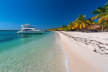 Obraz premium Elegant yacht anchored near a secluded beach with white sands and palm trees, creating a serene tropical scene