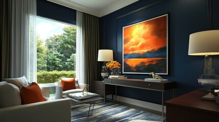 Fototapeta premium Elegant home office with sunset artwork, comfortable seating, and large window.
