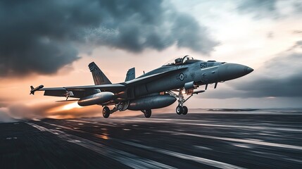 Fighter jet landing on aircraft carrier at sunset.