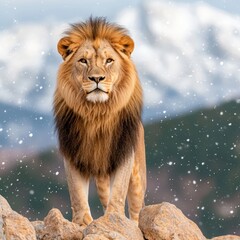 Fototapeta premium A majestic lion stands confidently on rocky terrain, surrounded by a snowy landscape and mountains in the background.