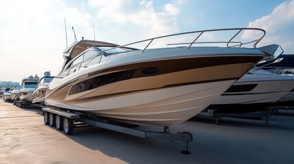 Fototapeta premium Boat for Sale:Ready for Your Next Adventure.Concept of Recreational boating,water sports,outdoor lifestyle,second-hand market,Boat dealerships,marine repair,boat storage,online marketplaces for boats.