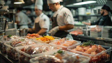 Chefs prepare fresh ingredients in a bustling kitchen, showcasing various meat products neatly packaged for service.