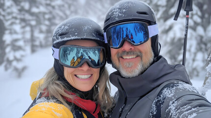 Caucasian senior couple skiers taking selfie on ski trail, smiling husband and wife man and woman enjoying winter sport together, active outdoor vacation blending fitness, joy, memories snow