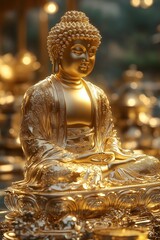Fototapeta premium Golden Buddha statue sits serenely in a temple setting, bathed in warm light