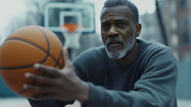 Elderly african american man holding basketball on court, active senior enjoying sport and leisure, confident player embracing fitness, recreation, and vitality outdoors retirement activities
