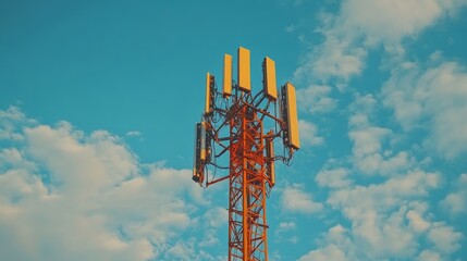 A Telecommunication Tower in the Digital Age.Concept of Technological advancement,digital revolution,5G,Wireless networks, Internet of Things,Cloud,computing,Cybersecurity,Artificial Intelligence