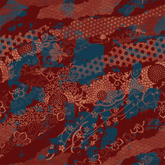 Japanese style traditional  fabric patchwork wallpaper grunge floral vector seamless pattern for shirt fabric wrapping carpet rug tablecloth pillow