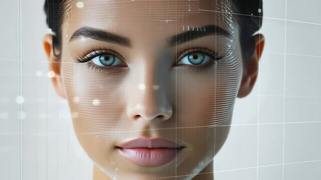 Facial recognition system analyzing woman's face with futuristic grid pattern