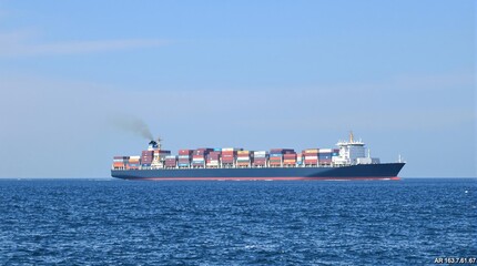 Large container ship transports cargo across open ocean under a clear sky