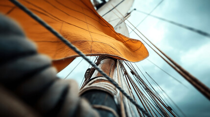 Close-up view of a sailboat mast with an orange sail against a cloudy sky, emphasizing rigging and nautical ropes.