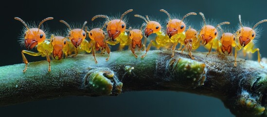 Obraz premium Close-up of a Line of Ants on a Branch