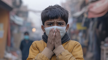 Indian boy and girl wearing face mask faces high levels of dust and Go to school with pollution in India.