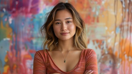 Naklejka premium Portrait of a Young Woman in Front of an Abstract Background