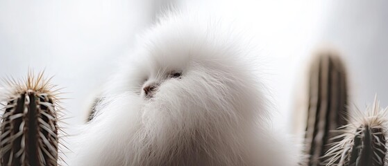 Fluffy white animal among cacti.
