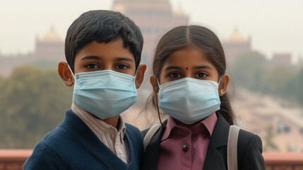 Indian boy and girl wearing face mask faces high levels of dust and Go to school with pollution in India.