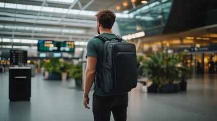 Fototapeta premium Young Male Traveler with Backpack Standing in Spacious Airport Terminal with Green Plants and Flight Information Board in the Background