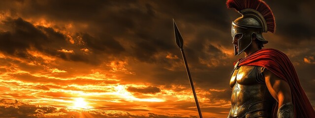Naklejka premium A Red-Cloaked Spartan Warrior Defending His Homeland at Sunset.Concept of Valor, courage, history, ancient Greece, war, battle, heroism,Historical fiction, video games, movies, military history.