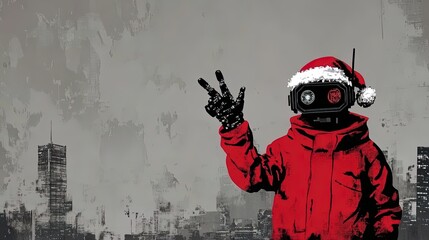 Fototapeta premium Futuristic Cyberpunk Santa in Glowing Red Suit: Vibrant Poster for Sports Interiors, Featuring Dynamic Hand Gesture Against a Holographic Cityscape!