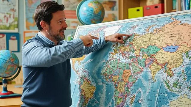 Geography teacher pointing at world map in classroom