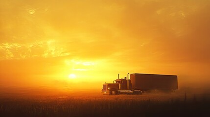 Semi-truck on a desert road at sunset.