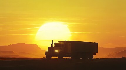 Fototapeta premium Semi-truck silhouette at sunset in desert.