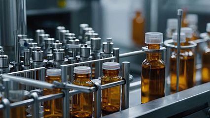 Close-Up View of Vials on a Pharmaceutical Production Line for Medicine Manufacturing