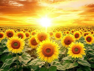 Obraz premium Vast Field of Sunflowers Under a Glorious Sunset with Vibrant Colors Illuminating the Sky and Bringing Life to Nature's Beauty