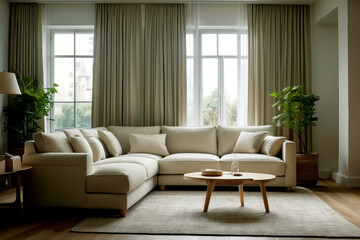 Living room in light tones with beige sofa