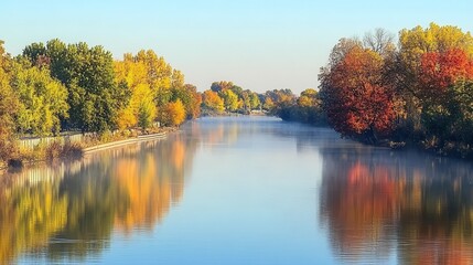 Fototapeta premium Calm autumn river reflecting colorful foliage.