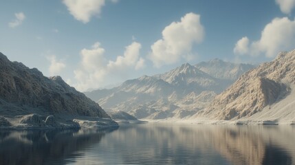 Calm lake reflecting mountains under a partly cloudy sky.