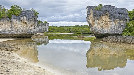 Calm water reflects rocky formations and lush greenery.