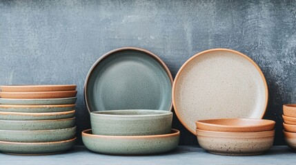 A collection of rustic ceramic plates in earthy tones, stacked and arranged against a textured blue backdrop.