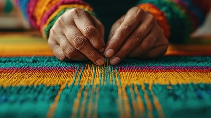A close-up of hands weaving colorful threads on a loom, showcasing intricate craftsmanship and vibrant patterns in textile art.