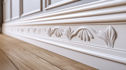An elegant white wall with intricate wainscoting