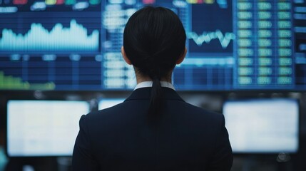 Fototapeta premium A business professional observes financial data displayed on multiple screens, indicating a focus on stock market trends and analytics.
