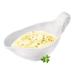 Cheese sauce in porcelain gravy boat. Watercolor digital illustration. Sour cream, mayonnaise or yogurt in bowl isolated on white background. Parsley leaf and dipping plate with whipped homemade sauce