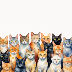 Obraz premium Group of sweet cats sitting closely, their faces creating a delightful pattern. Painted in soft watercolor with earthy tones, perfect for cat lovers.